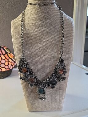 Bohemian Silver-Tone Statement Necklace with Multicolor Gemstones
